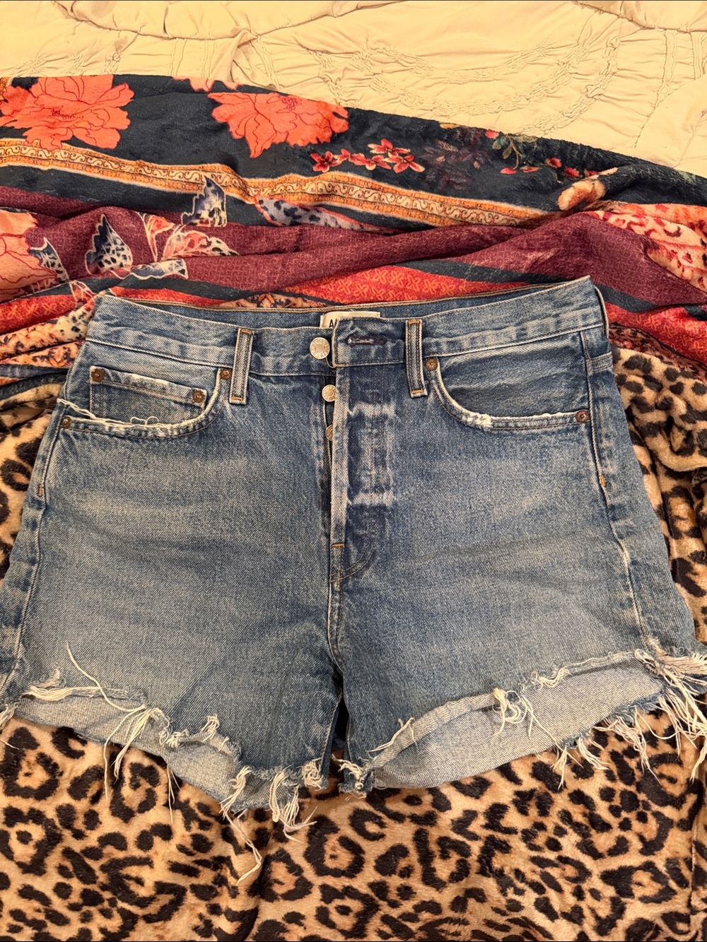 Agolde Parker Classic High-Rise Distressed Denim Shorts - Light Blue